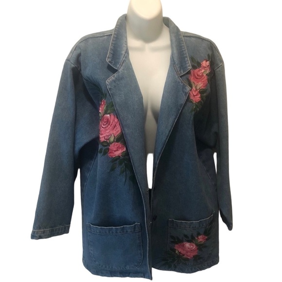 VTG Sun Belt Denim Oversize Artsy 2 Button Blazer Sz. L Hand Painted Floral - Picture 1 of 9